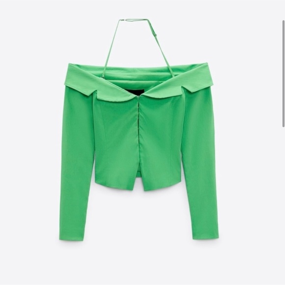 ZARA Green Apple Off Shoulder Blazer High Waist Front Slit Pants Matching SET XS - Picture 5 of 8